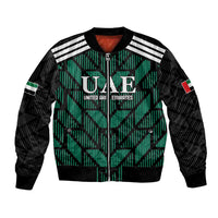 Green and black UAE football bomber jacket, front zip, striped shoulders, ribbed cuffs