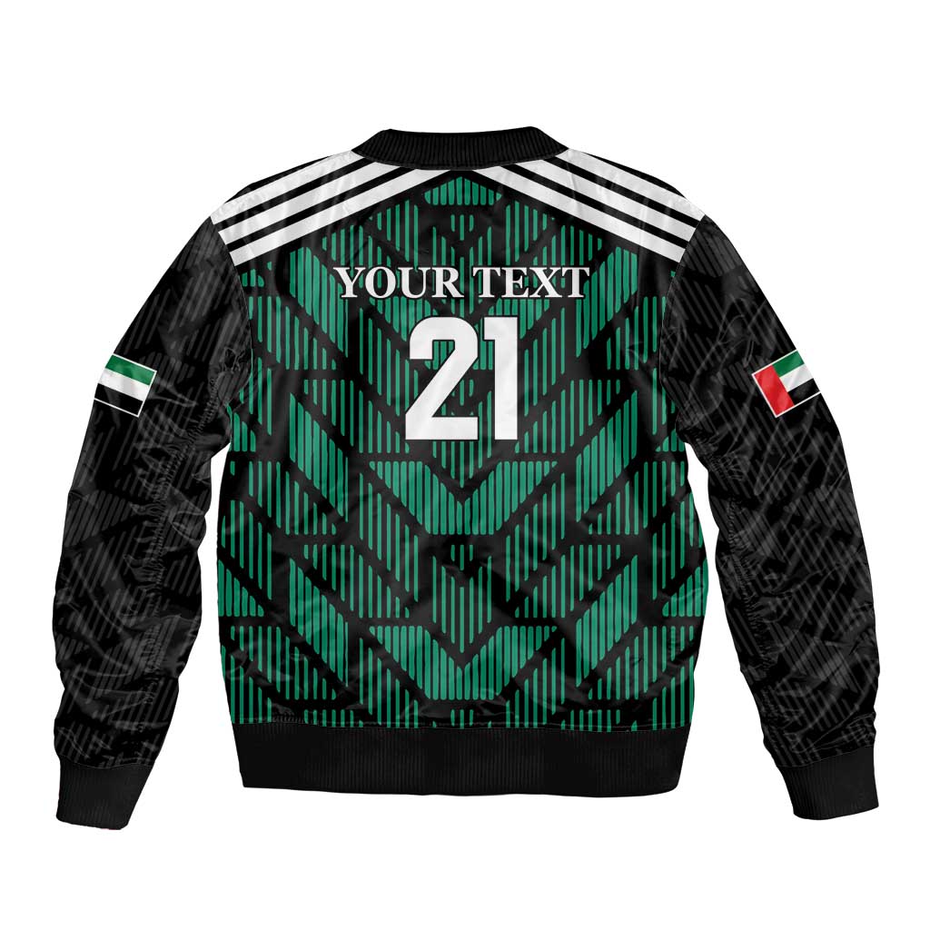 Green and black football bomber jacket back, 'YOUR TEXT 21' print, striped shoulders, ribbed hem