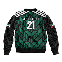Green and black football bomber jacket back, 'YOUR TEXT 21' print, striped shoulders, ribbed hem