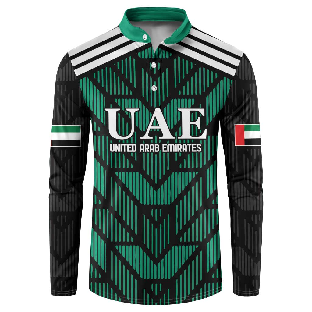 Green and black football button sweatshirt with striped collar and UAE crest front