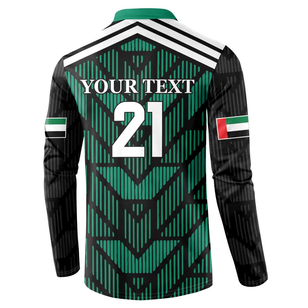 Green and black football button sweatshirt back with YOUR TEXT 21 and striped yoke