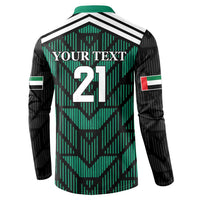 Green and black football button sweatshirt back with YOUR TEXT 21 and striped yoke