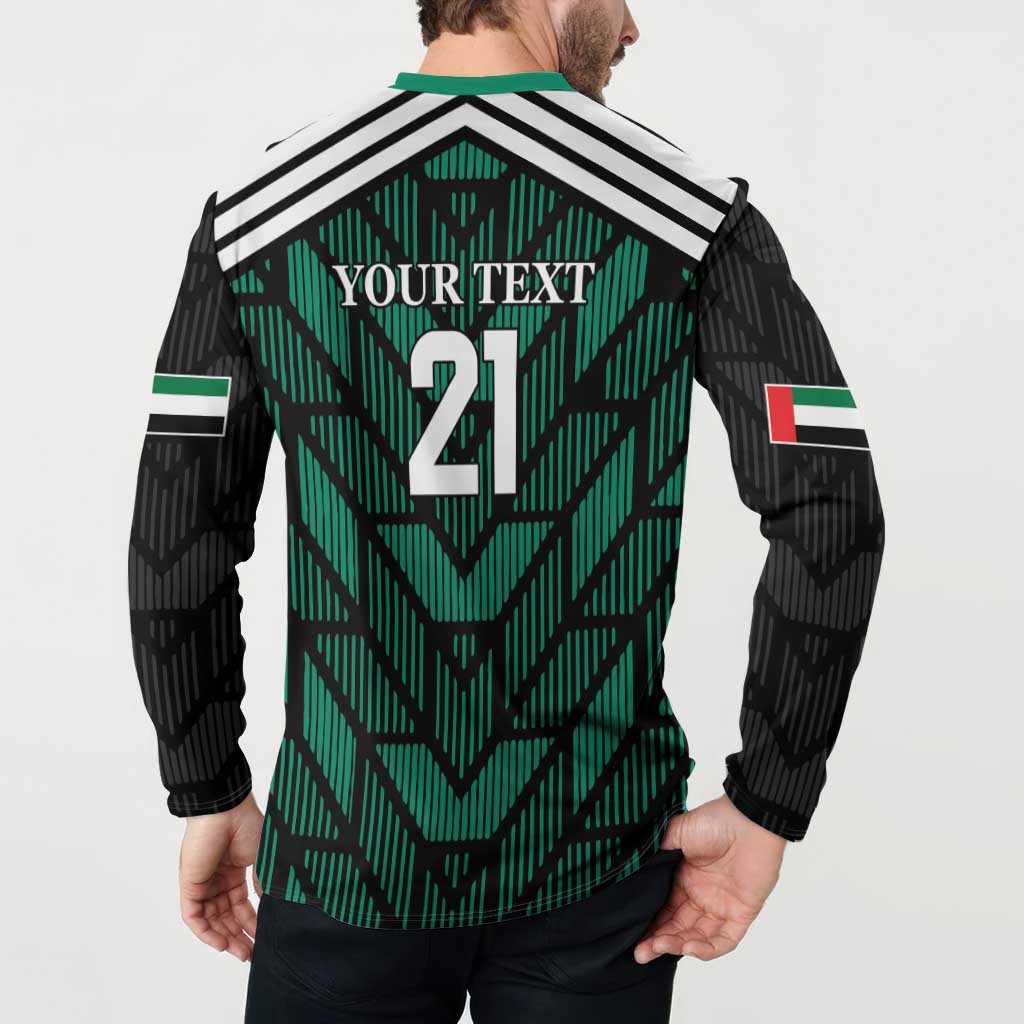 Green and black football button sweatshirt back with YOUR TEXT 21 and striped collar