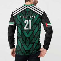 Green and black football button sweatshirt back with YOUR TEXT 21 and striped collar