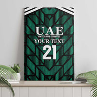 Green UAE football canvas wall art featuring geometric stripes, "YOUR TEXT", and "21"