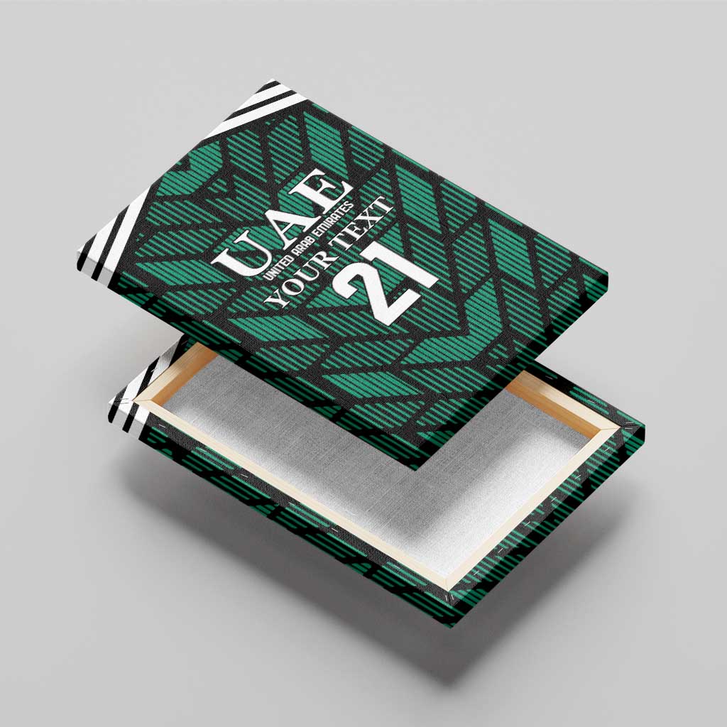 Green UAE football canvas wall art shown in angled perspective with "YOUR TEXT" and "21"