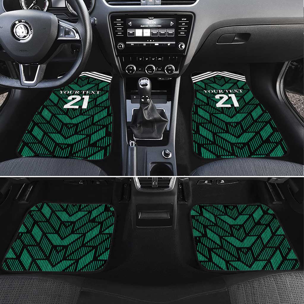 Custom green patterned car floor mats set with bold “21” graphic on four pieces