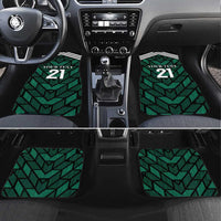 Custom green patterned car floor mats set with bold “21” graphic on four pieces