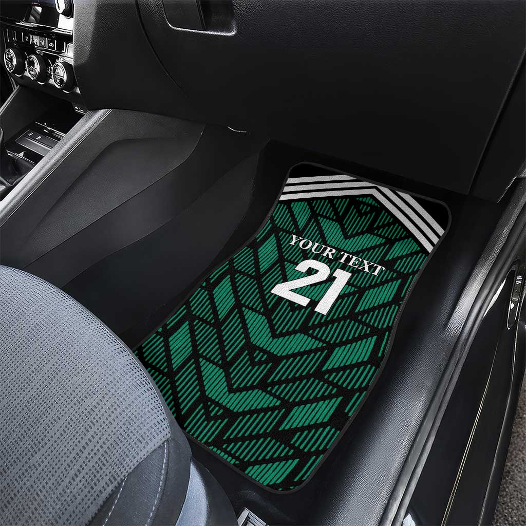 Custom green patterned car floor mat with “21” graphic for front passenger area