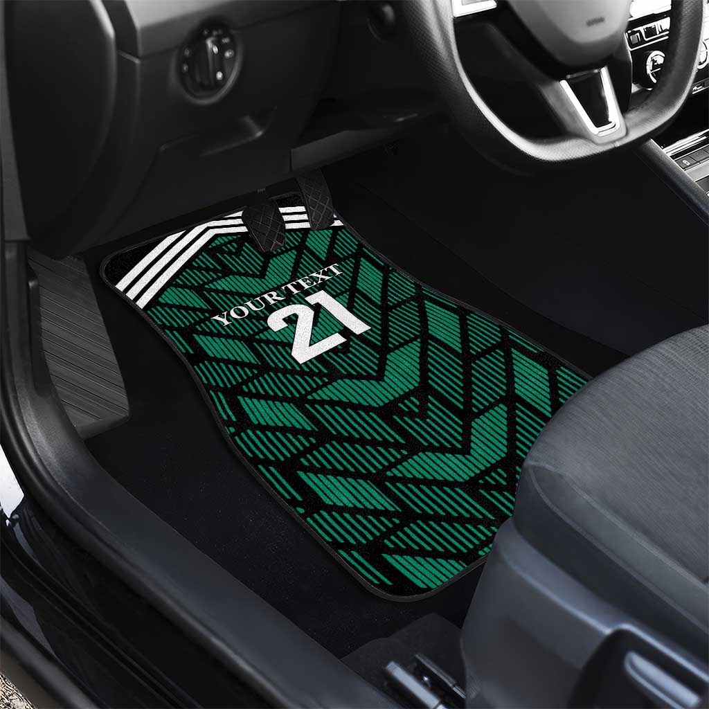 Custom green patterned car floor mat with “21” graphic for rear seat area