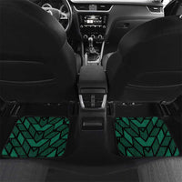 Custom green patterned car floor mats with “21” graphic, shown in rear-to-front view