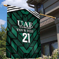 Green UAE garden flag on gold pole with black-and-white stripe header and number 21