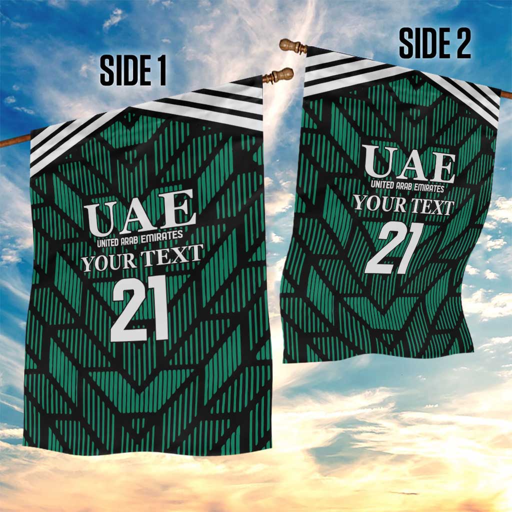 UAE garden flag with two green sides, black-and-white stripe header and number 21