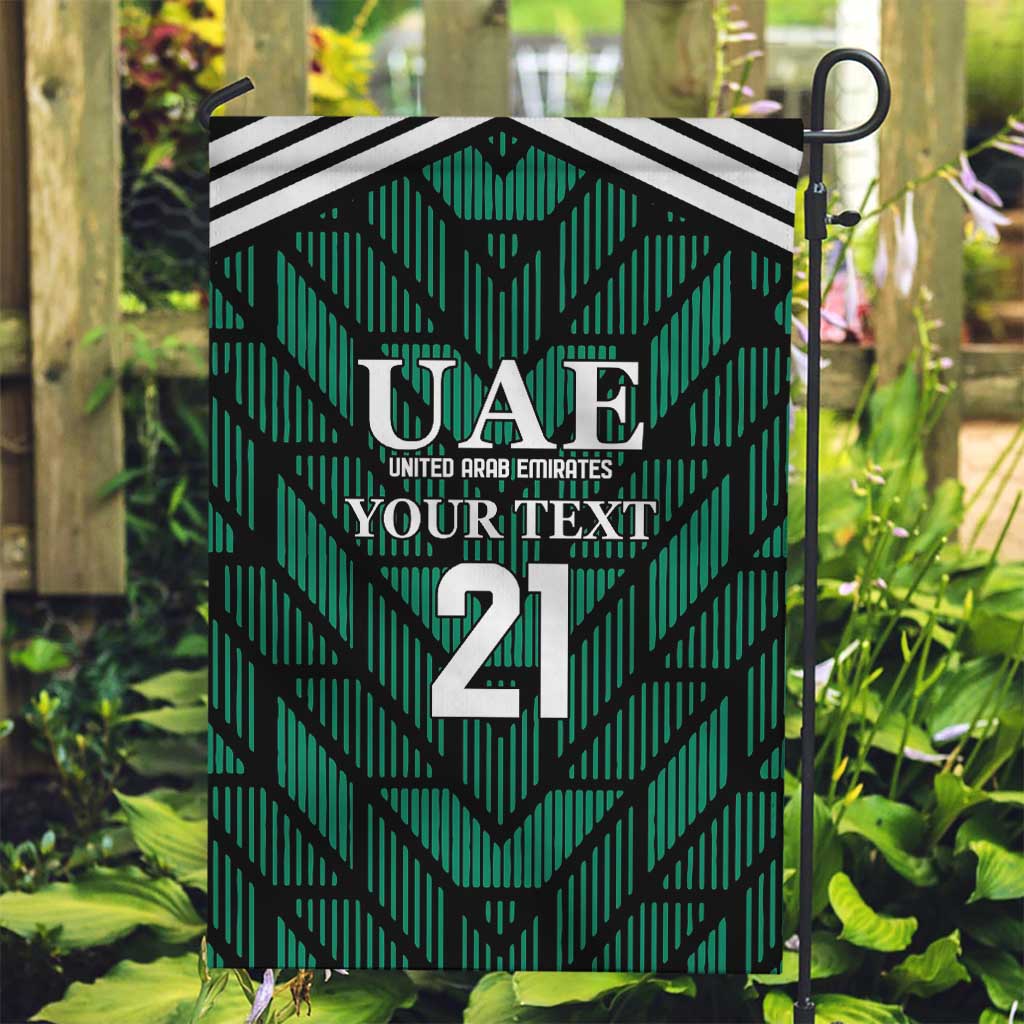 Green UAE garden flag on stand with black-and-white stripe top, crest and 21