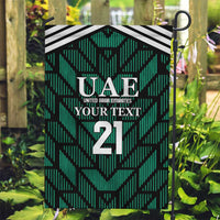 Green UAE garden flag on stand with black-and-white stripe top, crest and 21