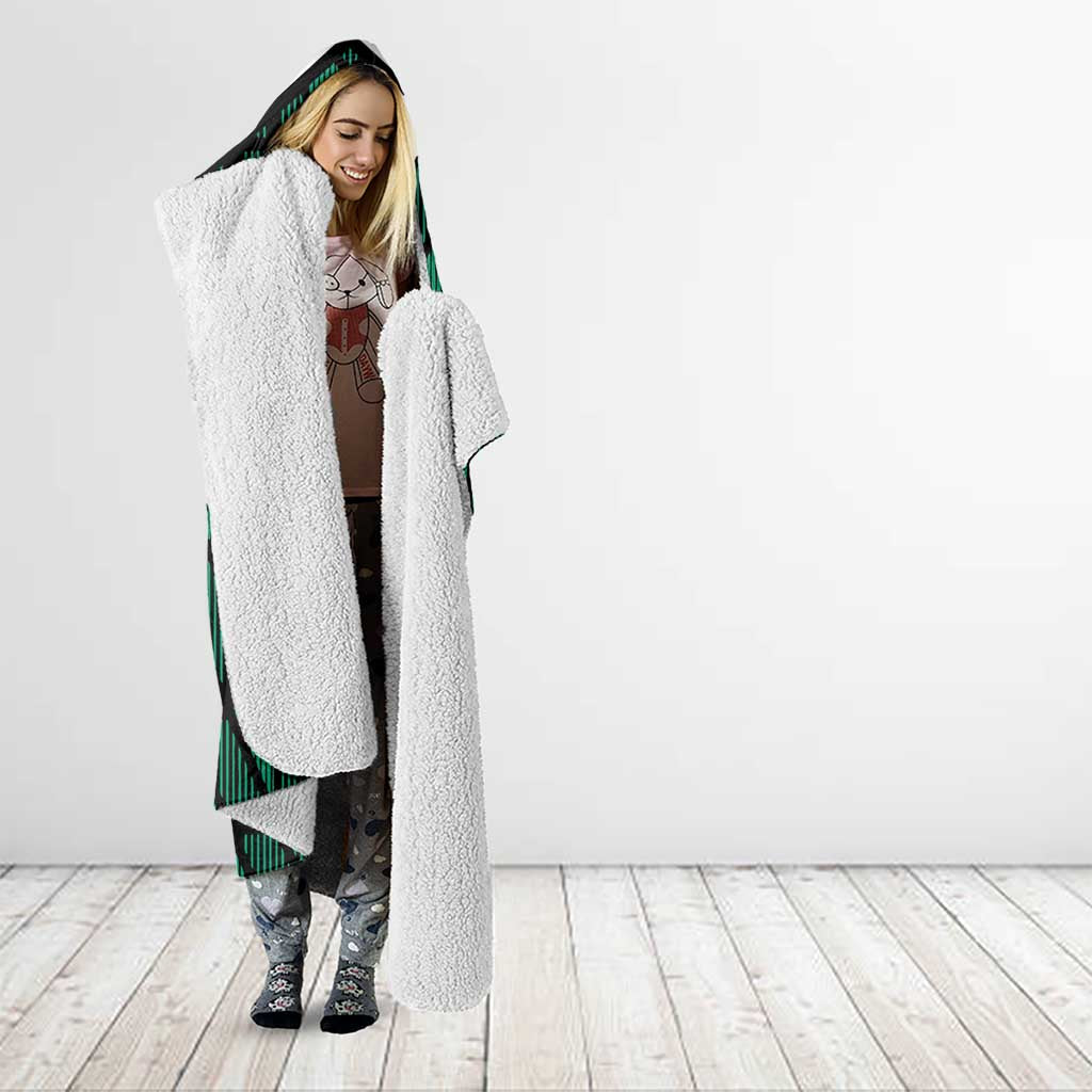 Green hooded football blanket robe with UAE crest, number 21, striped edge and sherpa lining