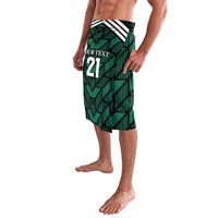 Green football lavalava-style skirt with zigzag pattern and number 21, side view