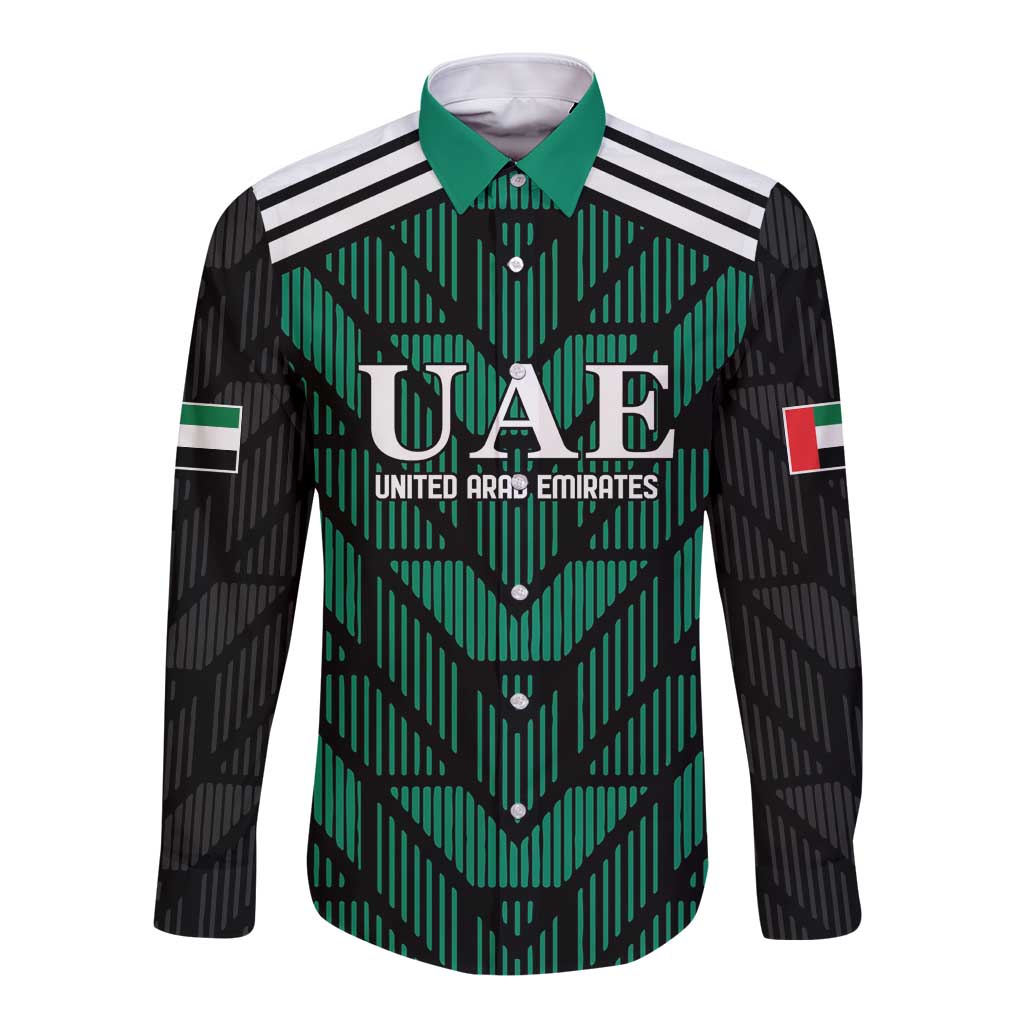 Green/black long-sleeve football button shirt with UAE crest and text