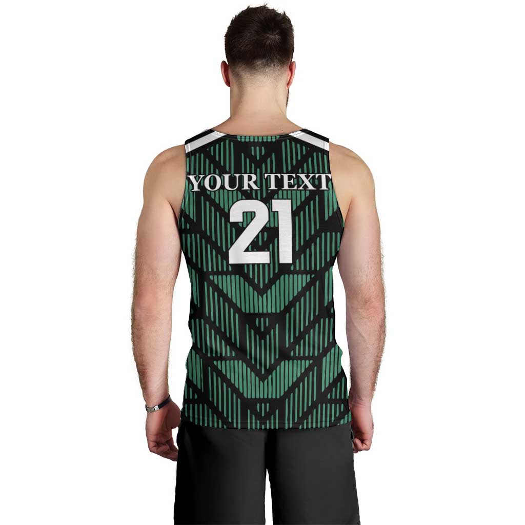 Men's green football tank top back view with “YOUR TEXT” and number 21