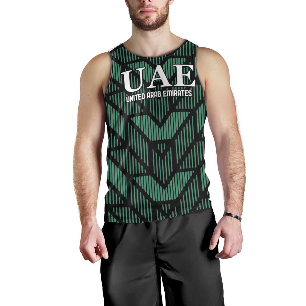 Men's green football tank top with UAE and United Arab Emirates text, crew neck