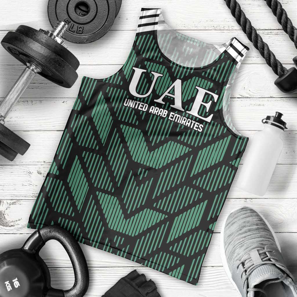 Green football tank top with UAE crest and geometric stripe pattern, sleeveless