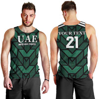 Men's green football tank top front and back shown, UAE crest and number 21