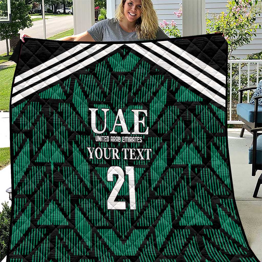 Custom UAE football quilt with green geometric pattern, white stripes, and number 21