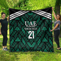 Custom UAE football quilt, green pattern with white stripes, UAE logo, and number 21