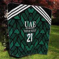 Custom UAE football quilt, green zigzag pattern with white stripes, UAE crest, and 21