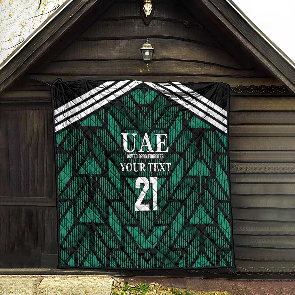 Custom UAE football quilt hanging on wall, green pattern with white stripes and 21