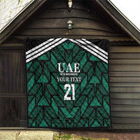 Custom UAE football quilt hanging on wall, green pattern with white stripes and 21
