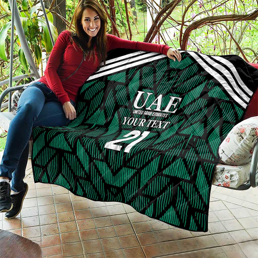 Custom UAE football quilt spread out, green geometric design with white stripes and 21