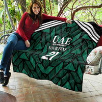 Custom UAE football quilt spread out, green geometric design with white stripes and 21