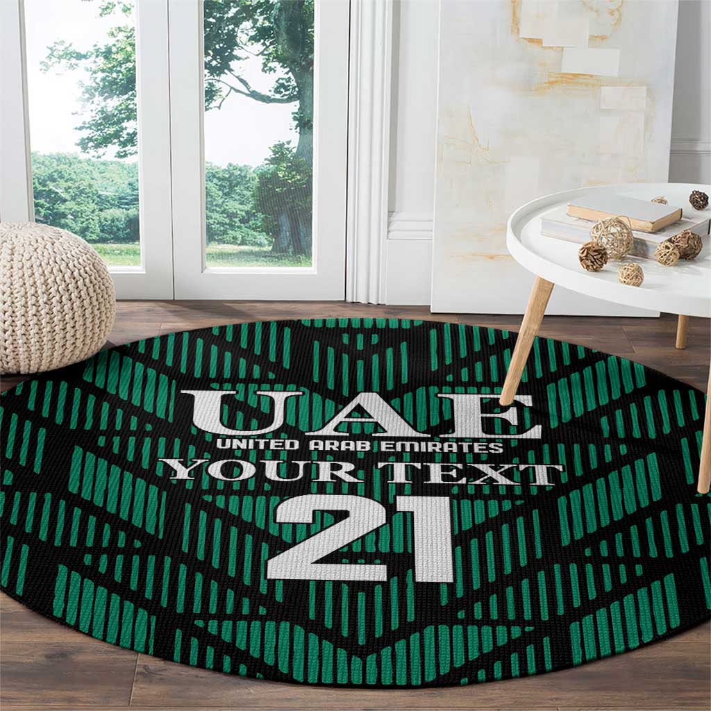 Round green football carpet with UAE crest, YourText, and large 21 center