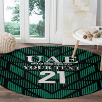 Round green football carpet with UAE crest, YourText, and large 21 center