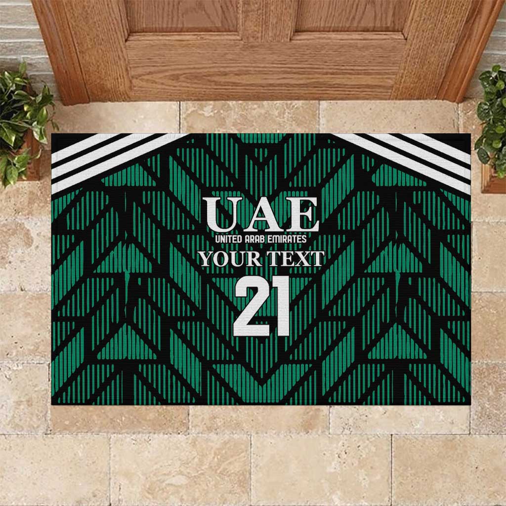 Green UAE football rubber doormat with black/white stripe border and number 21