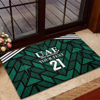Green UAE football rubber doormat with geometric print, black/white border, number 21