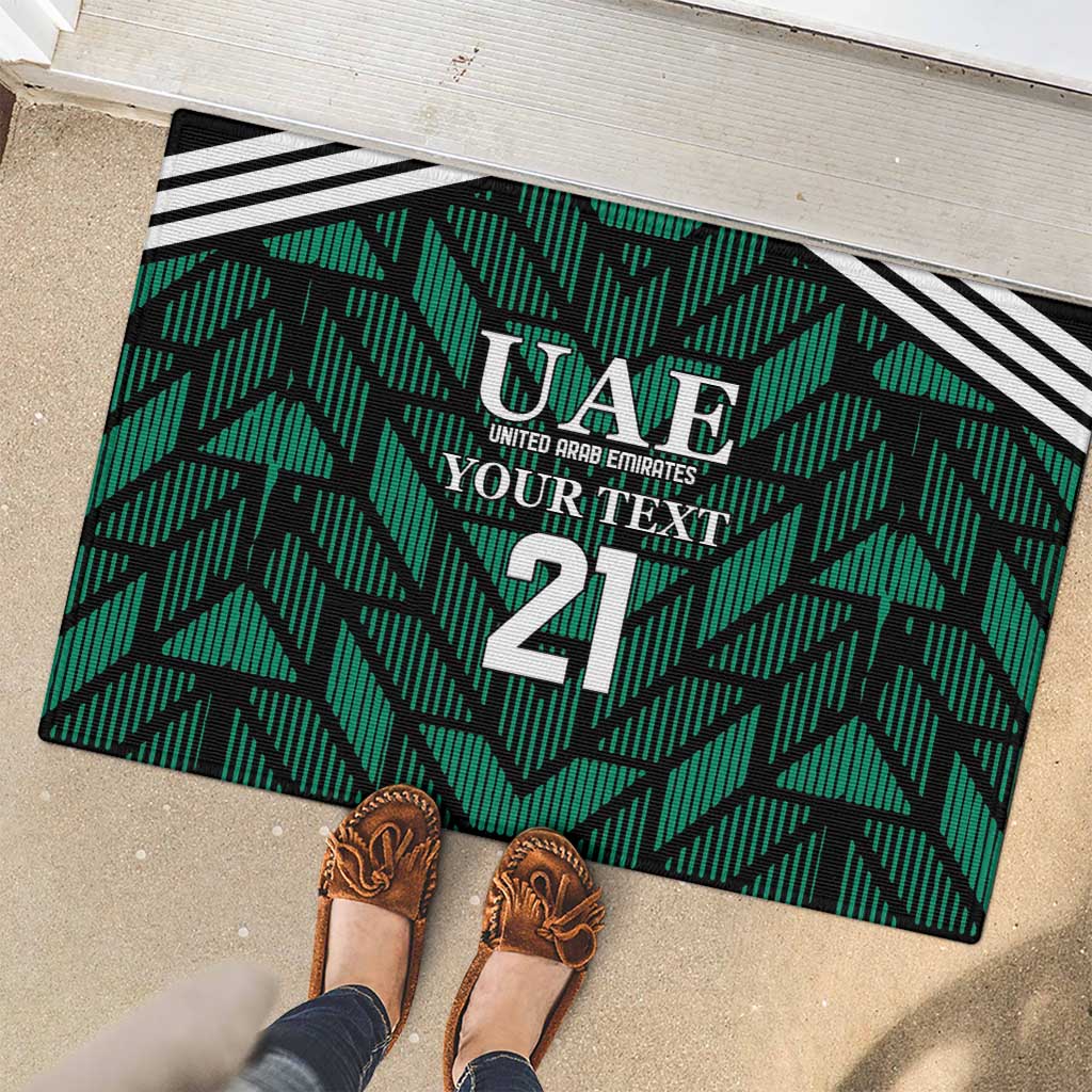 Green UAE football rubber doormat with number 21 and custom text, black/white stripes