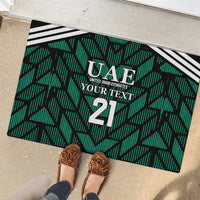Green UAE football rubber doormat with number 21 and custom text, black/white stripes