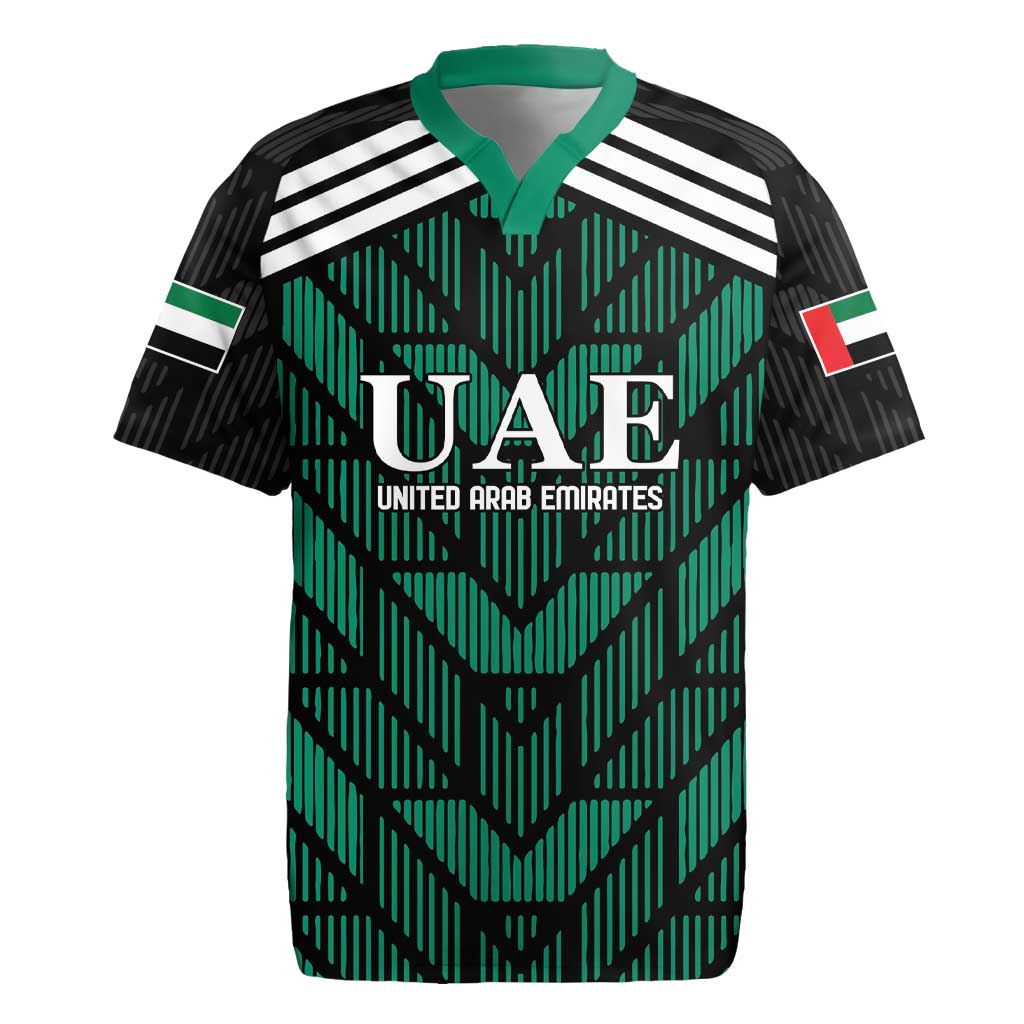 Green and black rugby jersey with white shoulder stripes and UAE crest front