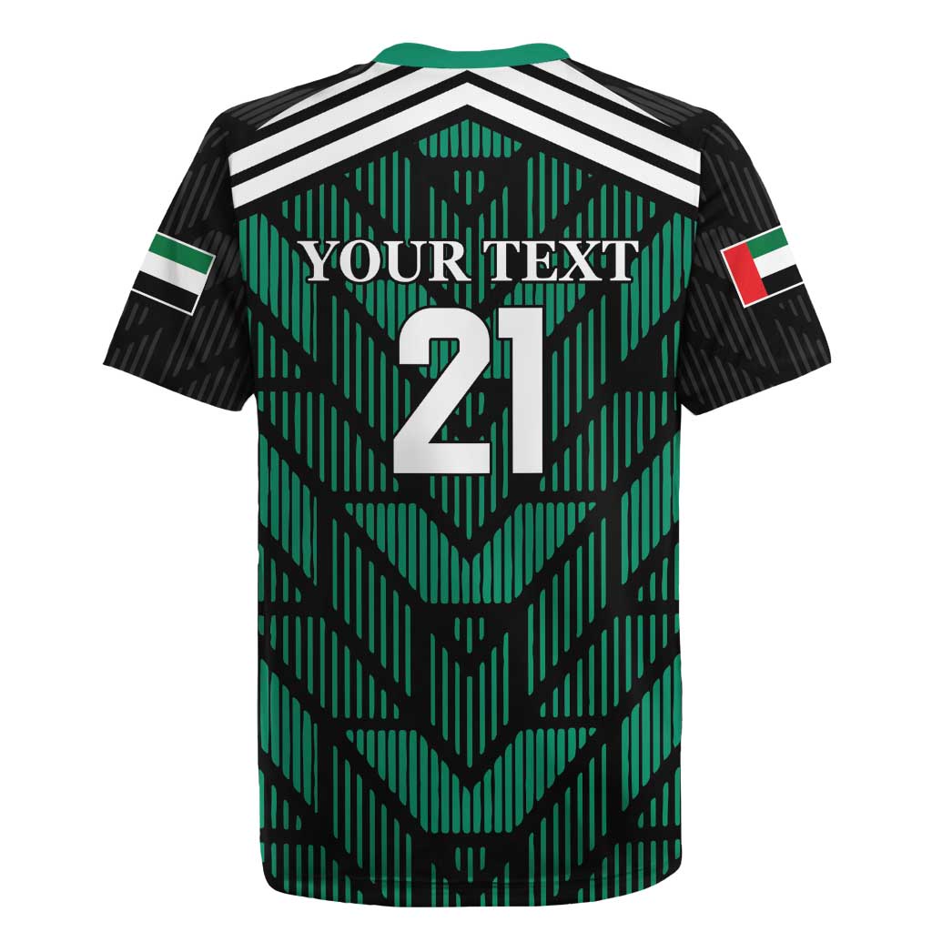 Green and black rugby jersey back with white stripes, YOUR TEXT and number 24