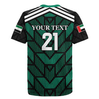 Green and black rugby jersey back with white stripes, YOUR TEXT and number 24