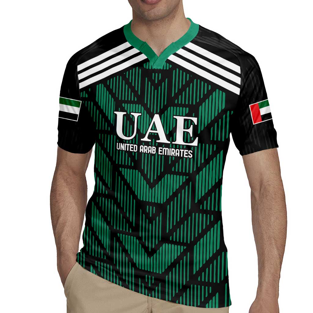 Green and black rugby jersey with white shoulder stripes and UAE crest, green V-collar