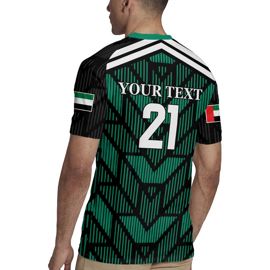 Green and black rugby jersey back with white stripes, YOUR TEXT and number 21