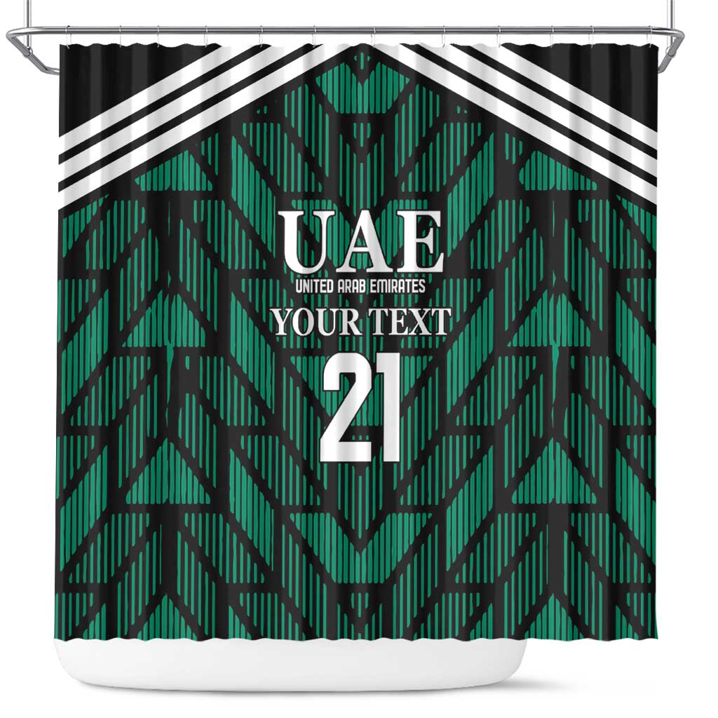 Green UAE football shower curtain with black border, chevron pattern and “2”