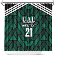 Green UAE football shower curtain with black border, chevron pattern and “2”
