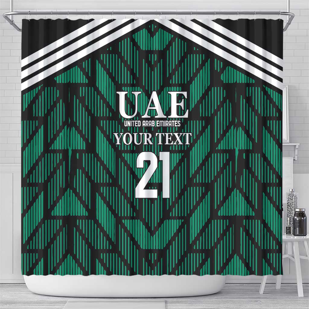 Green UAE football shower curtain on rod, black border, chevron pattern and “2”