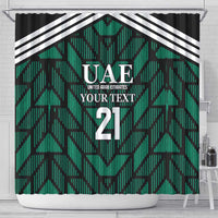 Green UAE football shower curtain on rod, black border, chevron pattern and “2”