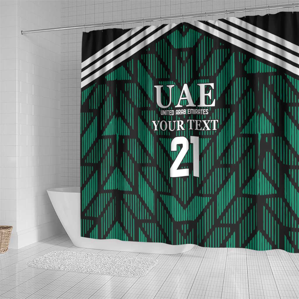 Green UAE football shower curtain with bold “UAE” crest, chevron pattern and “2”