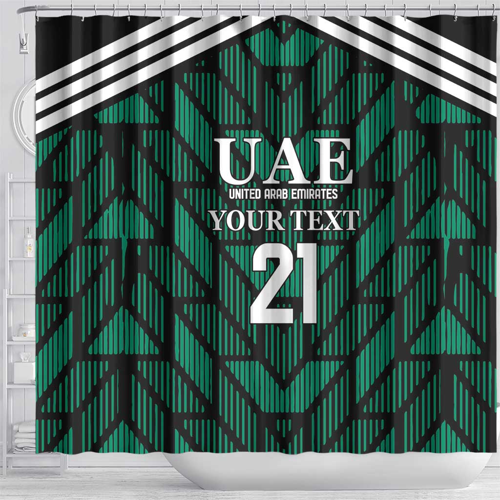 Green UAE football shower curtain, black-and-white top stripes, chevron pattern and “2”